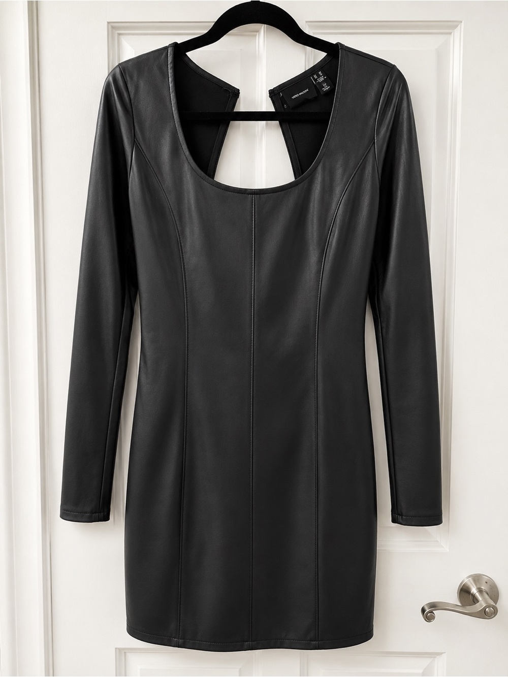 Long-Sleeve Black Faux Leather Sheath Dress